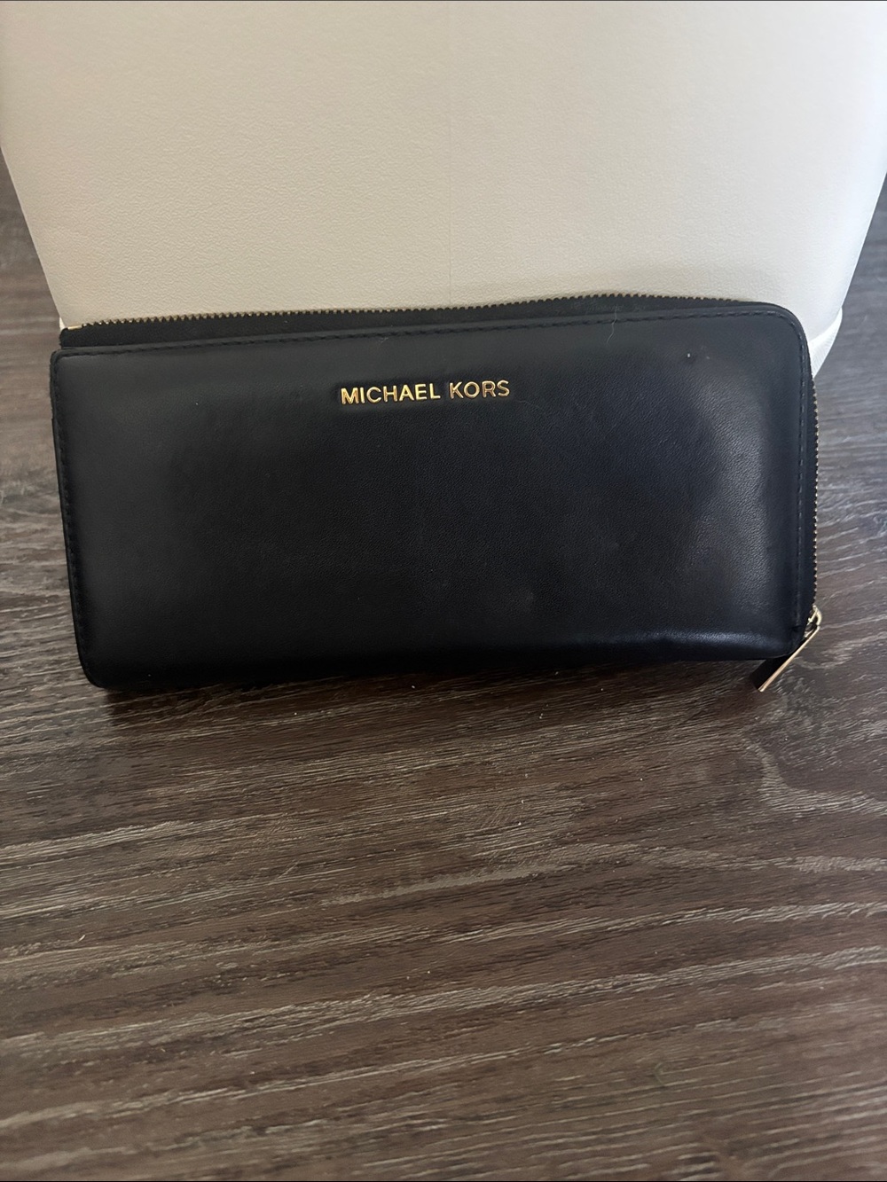 Michael Kors Black Leather Zip-Around Wallet with Gold Logo